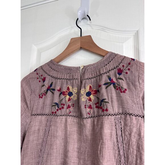Umgee Women's Boho Floral Embroidered Long Sleeve Mini Dress Taupe Size S - Picture 4 of 12